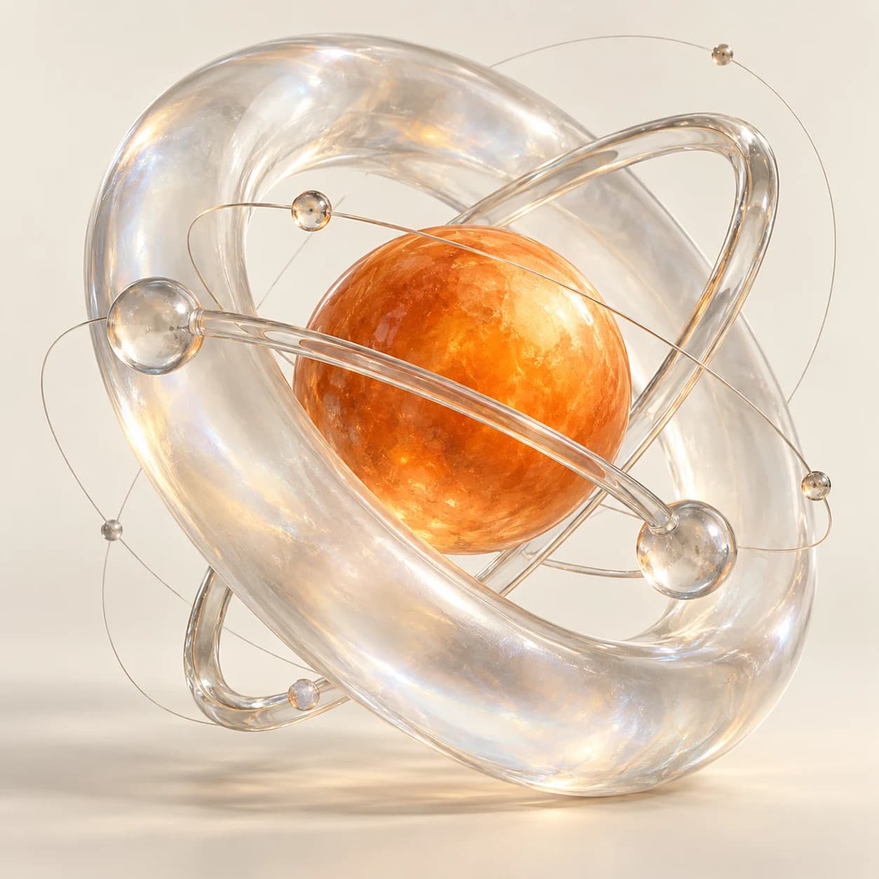Sculptural glass orbits surrounding an orange core, representing the connection between human potential and AI